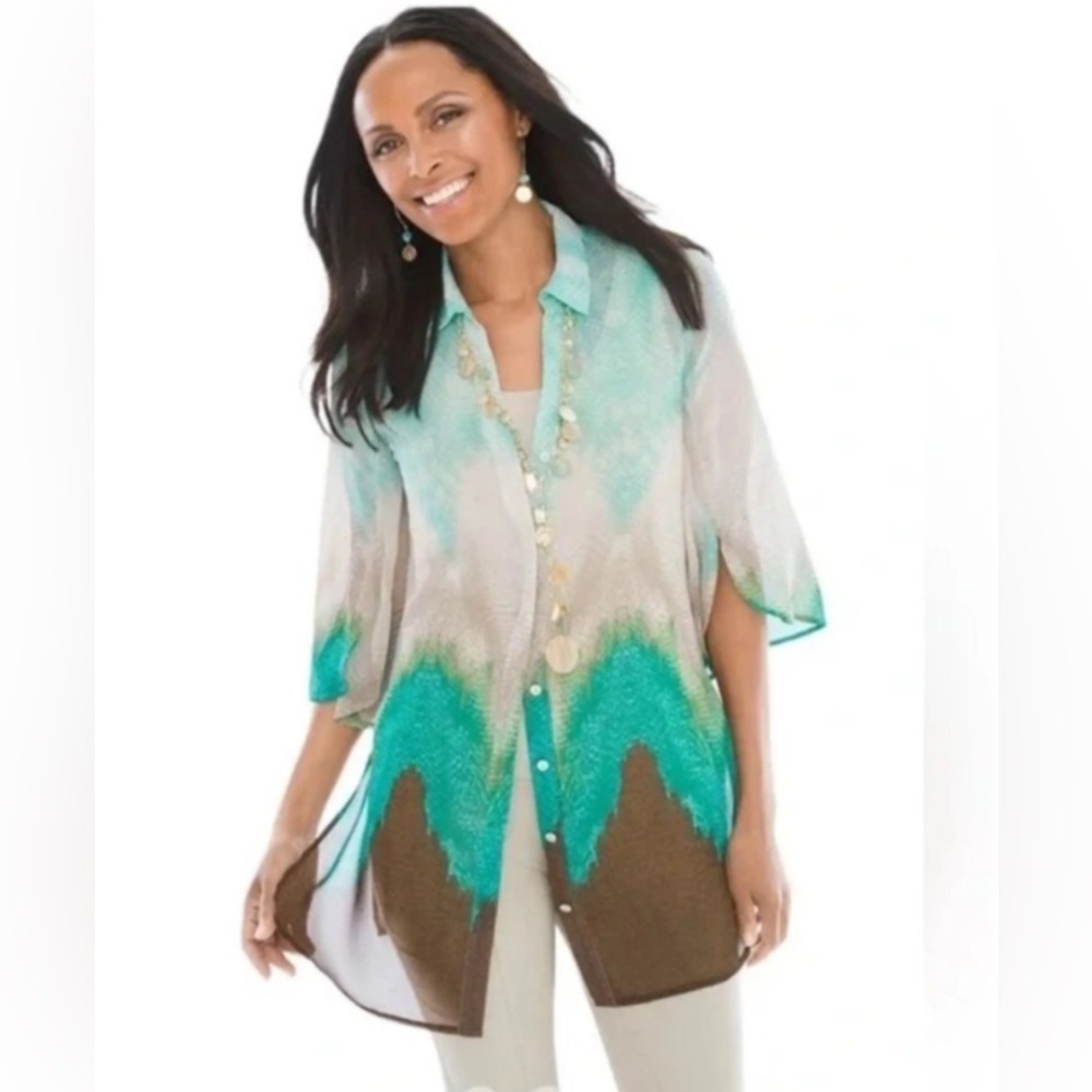 CHICO'S Bahama Breeze Super Tunic Top Tropical Teal Women’s Size 1 Large Summer